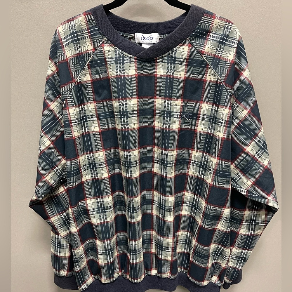 Vintage Izod Men's Golf pullover jacket. Navy, Red, green and White Plaid
